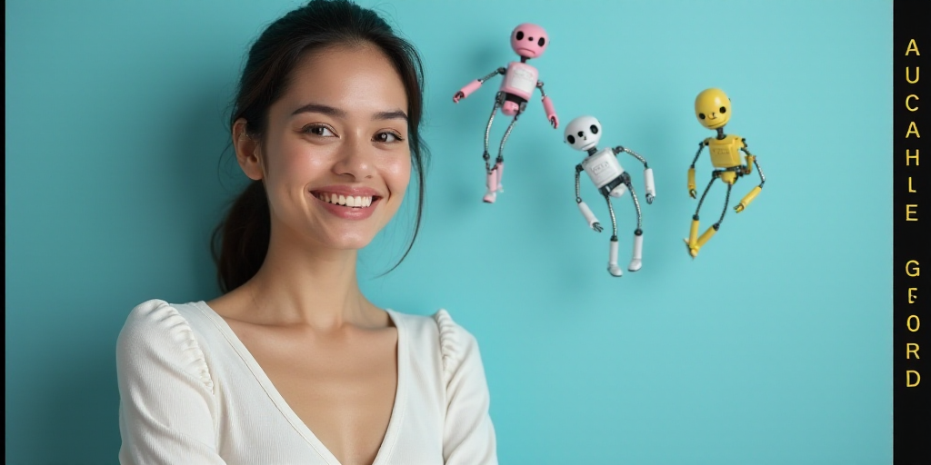 a woman in a white top is smiling for the camera with a blue background and a black and yellow borde