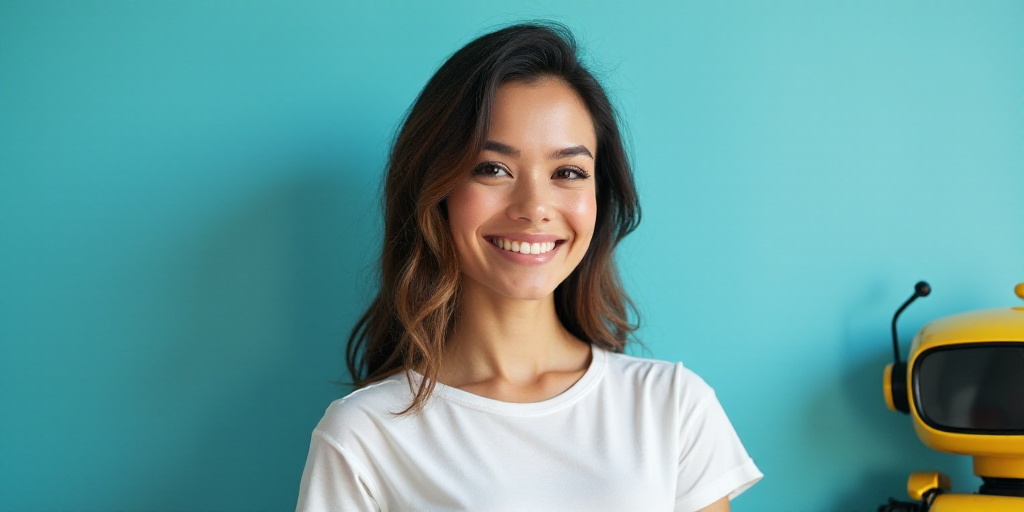 a woman in a white top is smiling for the camera with a blue background and a black and yellow borde