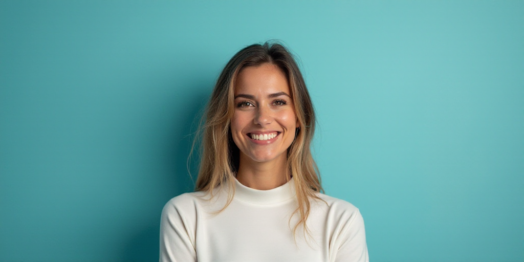 a woman in a white top is smiling for the camera with a blue background and a black and yellow borde