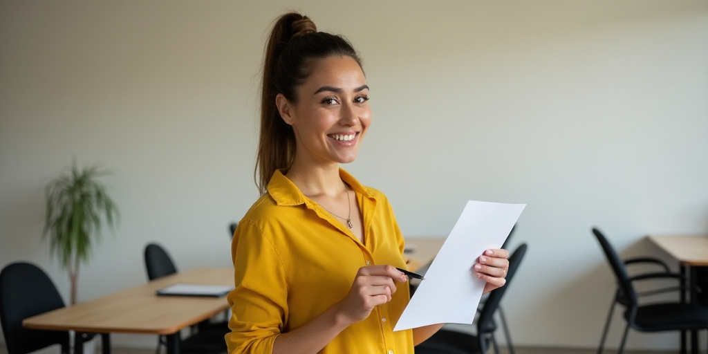 a woman in a yellow shirt is holding a piece of paper and smiling at the camera while standing in a