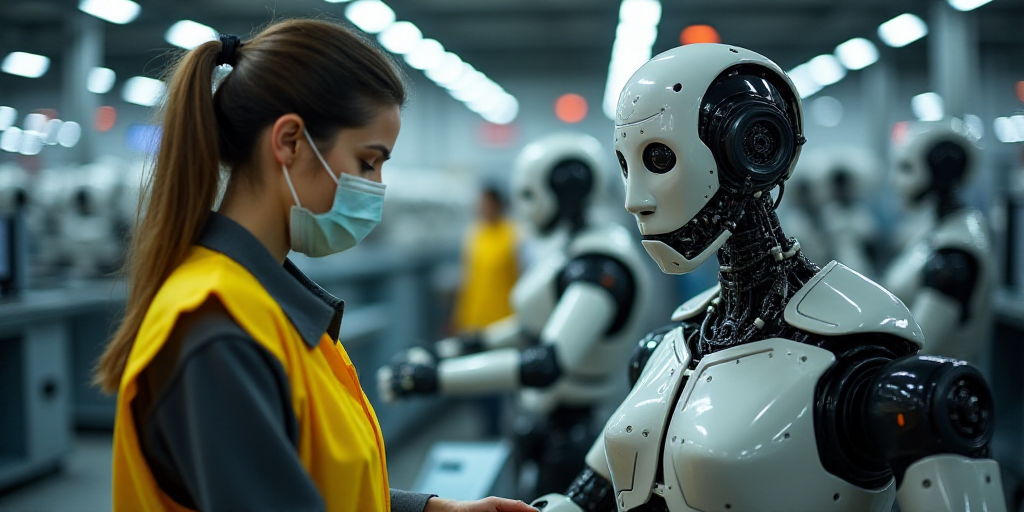 a woman in a yellow vest and a mask working on a machine in a factory with other machinery in the ba