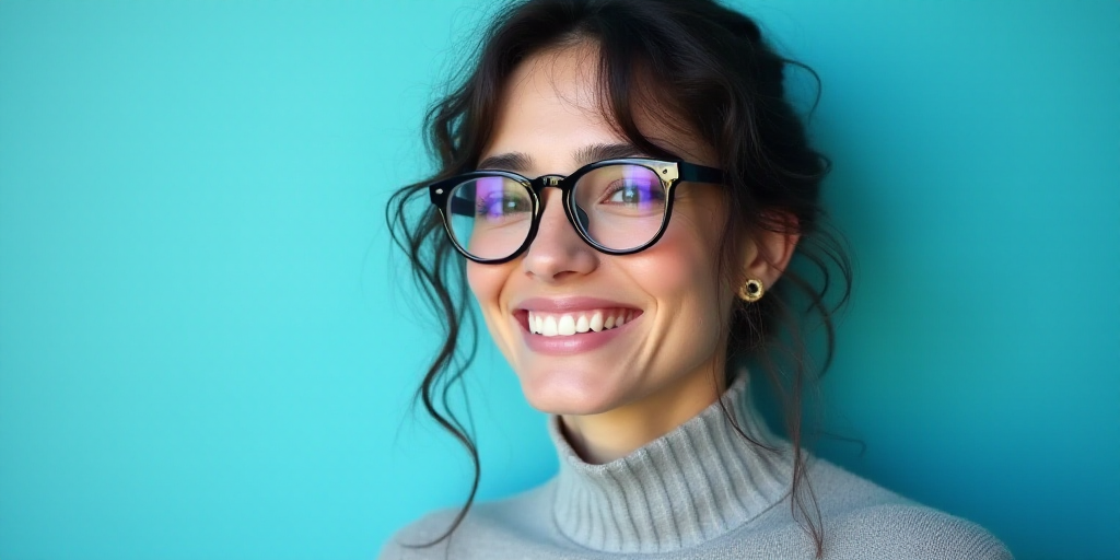 a woman in glasses is smiling for the camera with a blue background and a black and white photo of h