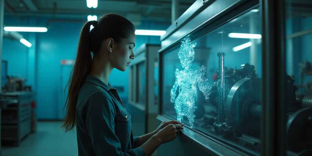 a woman is looking at a machine in a factory or workshop with a lot of machinery behind her and a bl