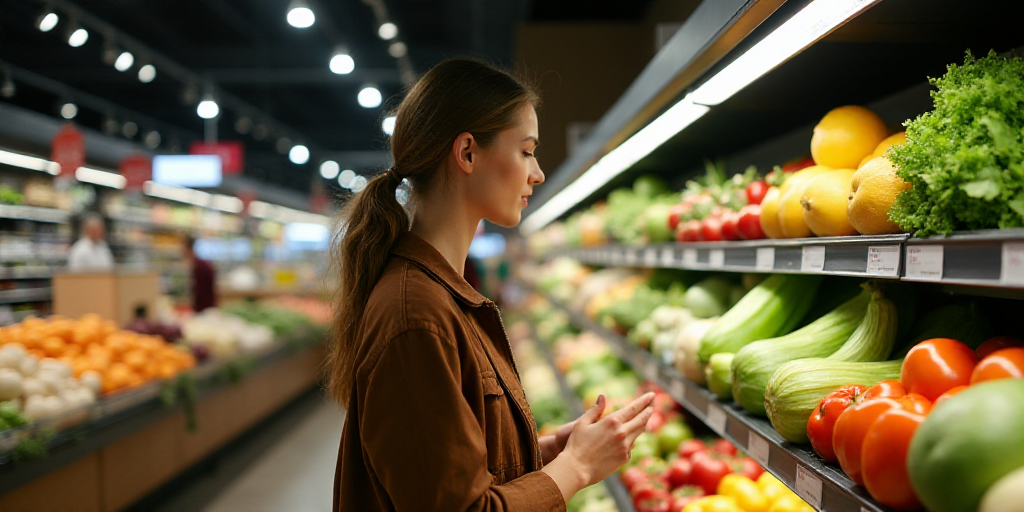 a woman is looking at vegetables in a grocery store aisle with a variety of fruits and vegetables on