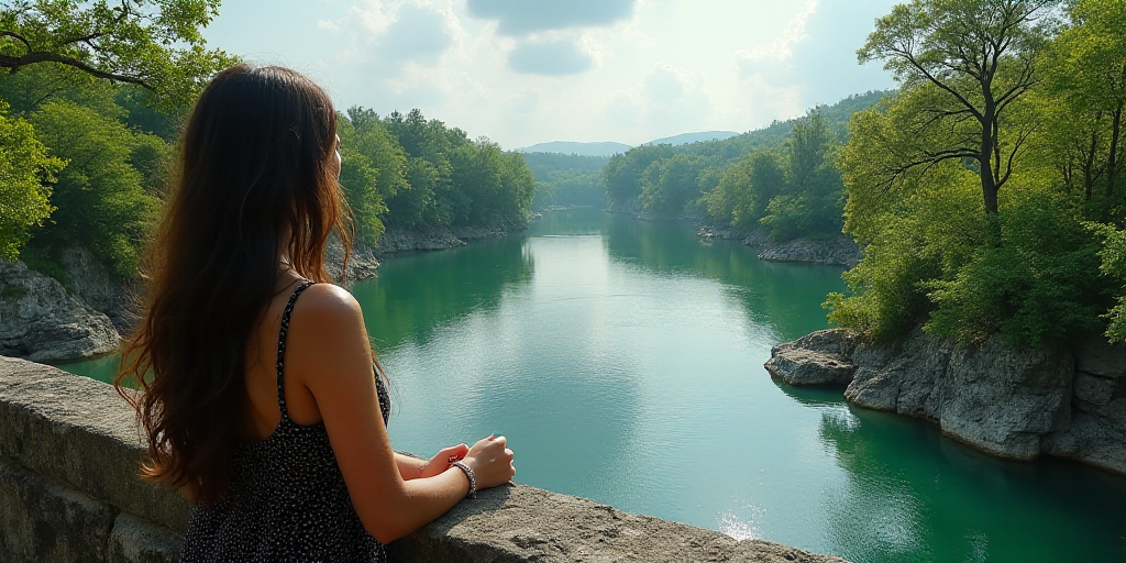 a woman is looking out over a river from a bridge over looking a river with trees and rocks on it, E