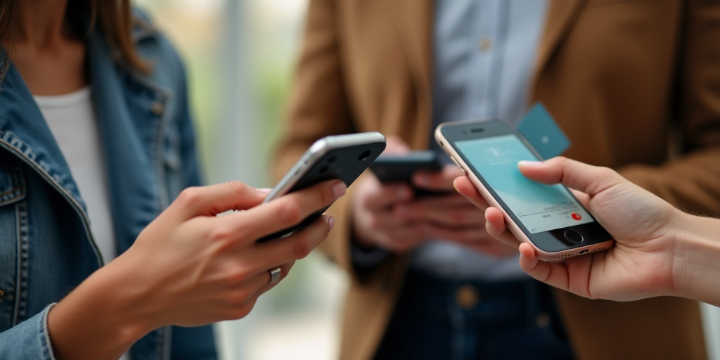 a woman is paying a credit card from a mobile phone while another woman is holding a cell phone in h