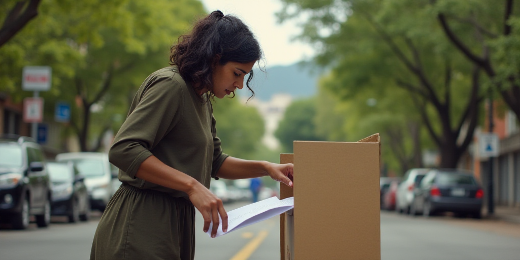 a woman is putting a voting paper into a box that is outside on the street with trees in the backgro