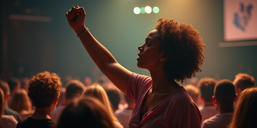 a woman is raising her fist in the air while others watch her on stage at a volunteer's conference,
