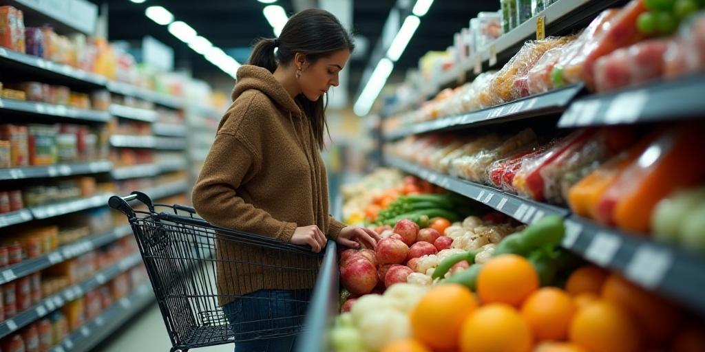 a woman is shopping in a grocery store with a shopping cart full of food items and a woman is lookin