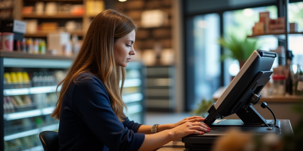 a woman is sitting at a cash register in a store and she is looking at the screen of the machine, An