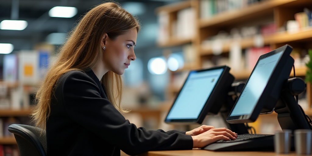 a woman is sitting at a cash register in a store and she is looking at the screen of the machine, An