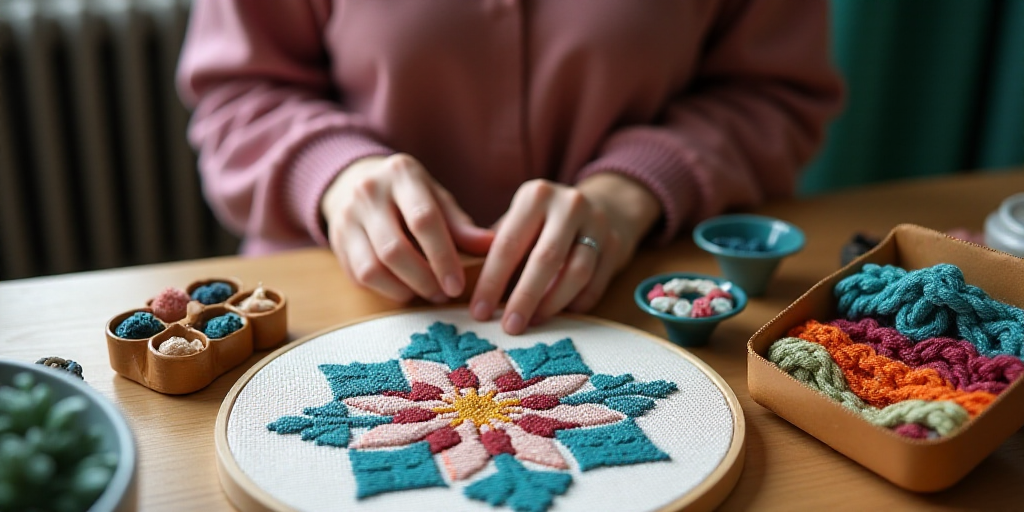 a woman is sitting at a table with a box of beads and a colorful object in front of her, Aquirax Uno