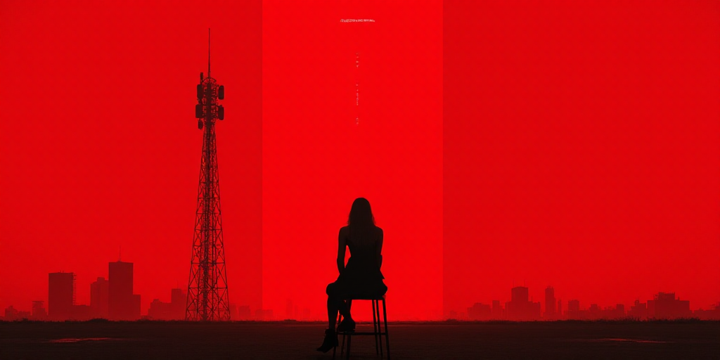 a woman is sitting in a chair in front of a red background and a cell phone tower in the background,