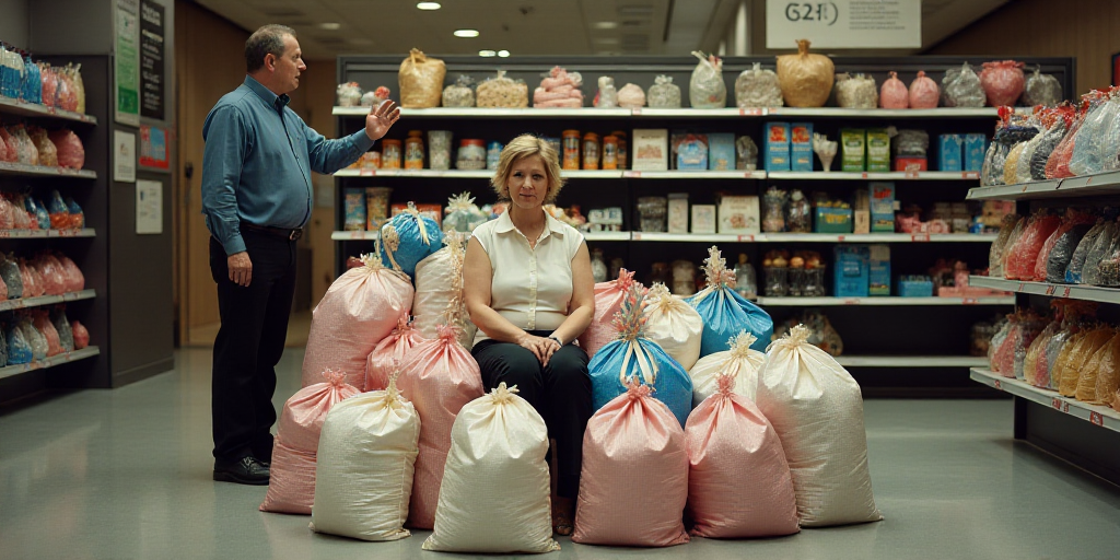 a woman is sitting in a store with a large pile of bags of items in front of her and a man standing