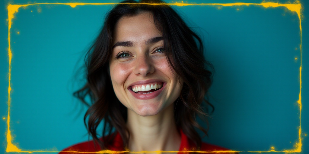 a woman is smiling for a picture with a blue background and a yellow border around her is the captio