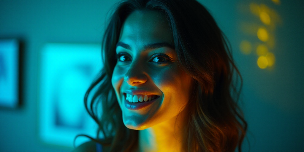 a woman is smiling for a picture with a blue background and a yellow border around her is the captio