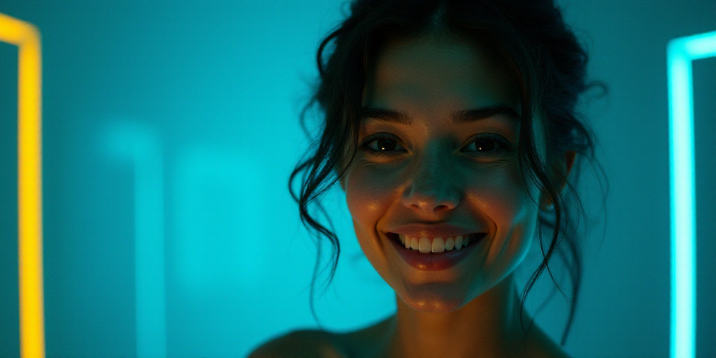 a woman is smiling for a picture with a blue background and a yellow border around her is the captio