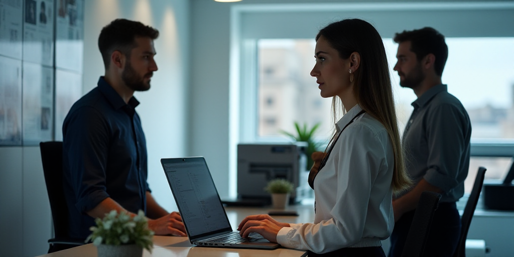 a woman is standing at a desk with a laptop computer and a printer in front of her and two men behin