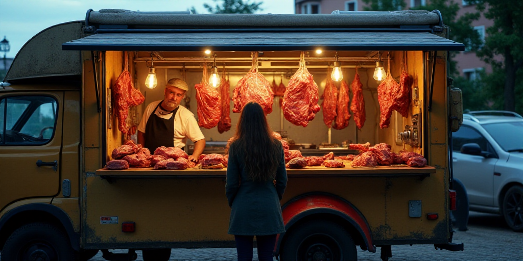 a woman is standing in front of a food truck with meat on display in it and a man is standing behind