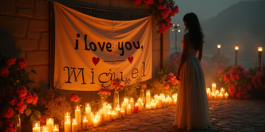 a woman is standing next to a wall of candles and flowers and a flag that reads, i love you, miguel,