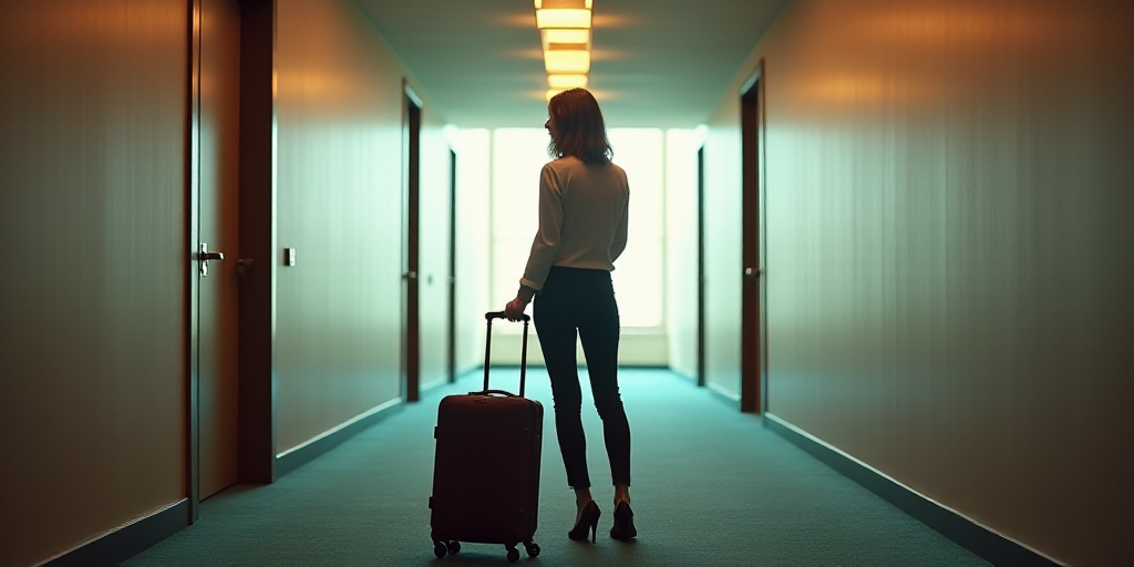 a woman is standing with a rolling suitcase in a hallway of an airport or hotel room with a carpeted
