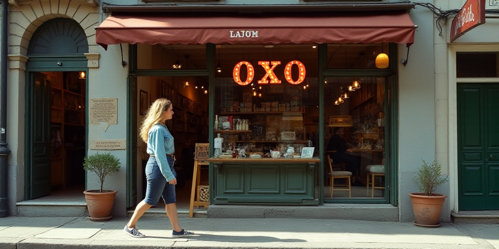a woman is walking past a store with a sign that says oxo on it and a woman is walking past a store