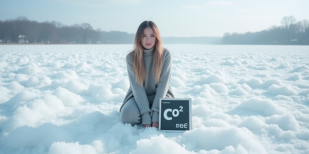 a woman kneeling down in a field with a sign in front of her that says free co2 on it, David LaChape