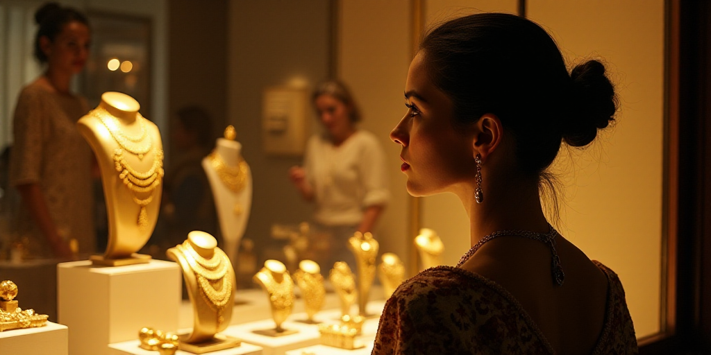a woman looking at a display of gold jewelry in a store window with a woman looking at it in the bac