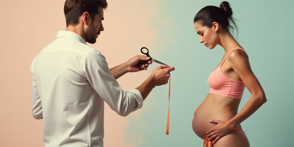 a woman measuring her stomach with a tape and a pair of scissors in front of her face and a man in a