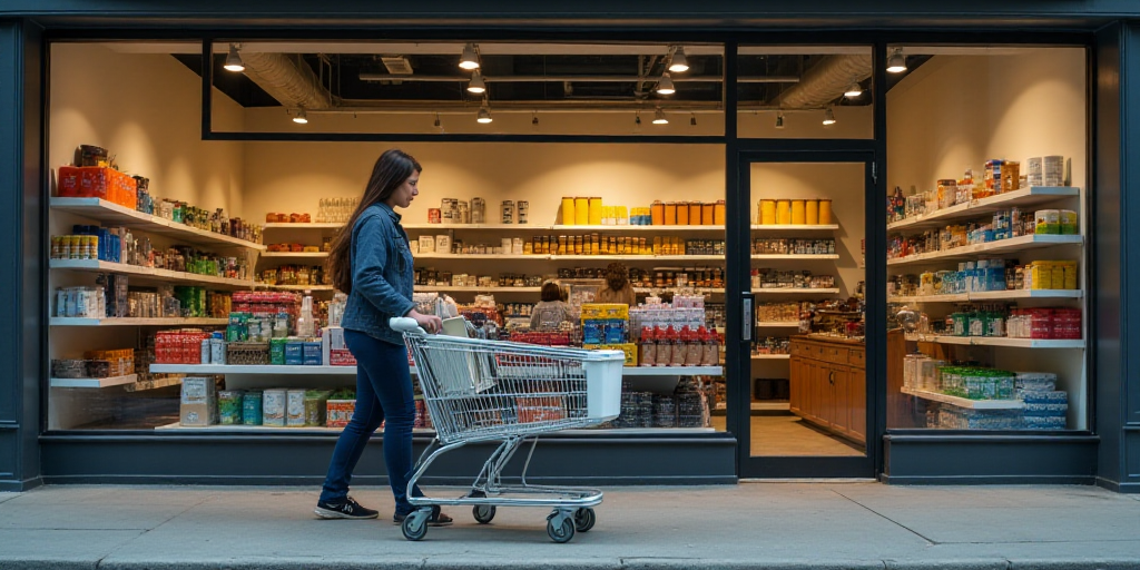 a woman pushing a shopping cart in front of a store filled with supplies and supplies for sale in fr