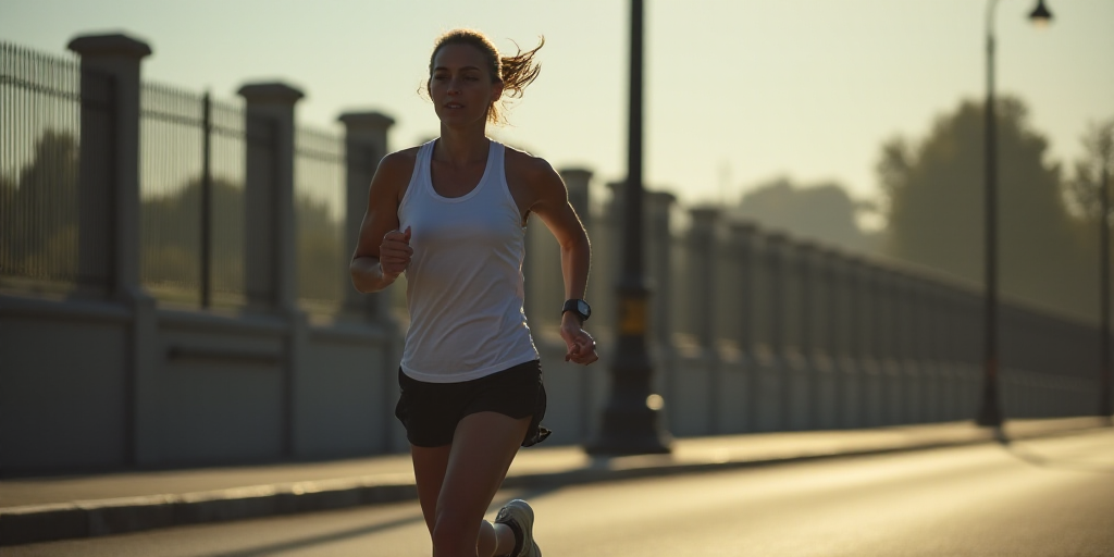 a woman running down a street with a fence in the background and a street light in the foreground, A