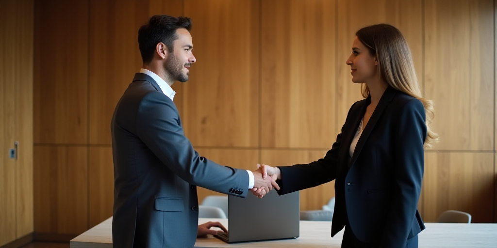a woman shaking hands with a man in a suit in a room with wooden walls and a laptop on a table, Clai