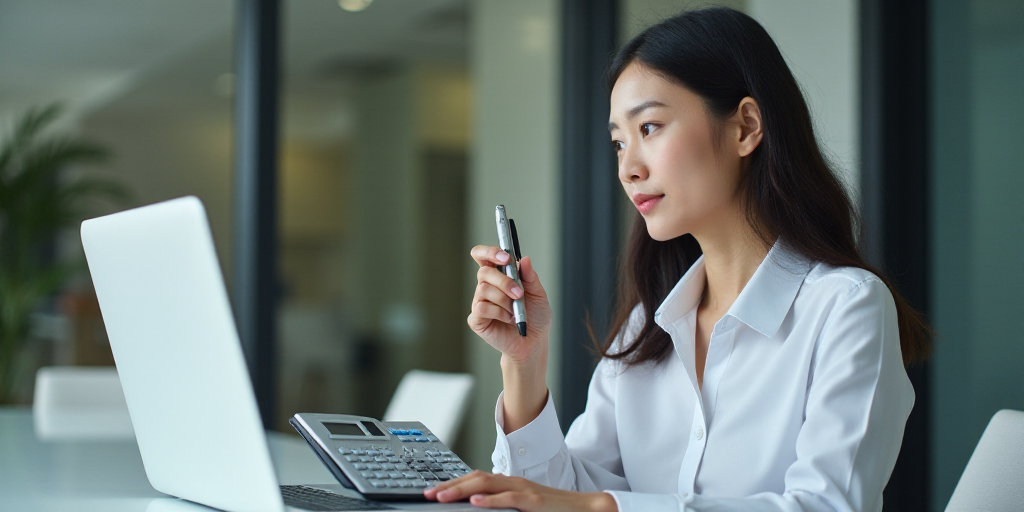 a woman sitting at a desk with a calculator and a laptop computer on it, with a pen in her hand, Cao