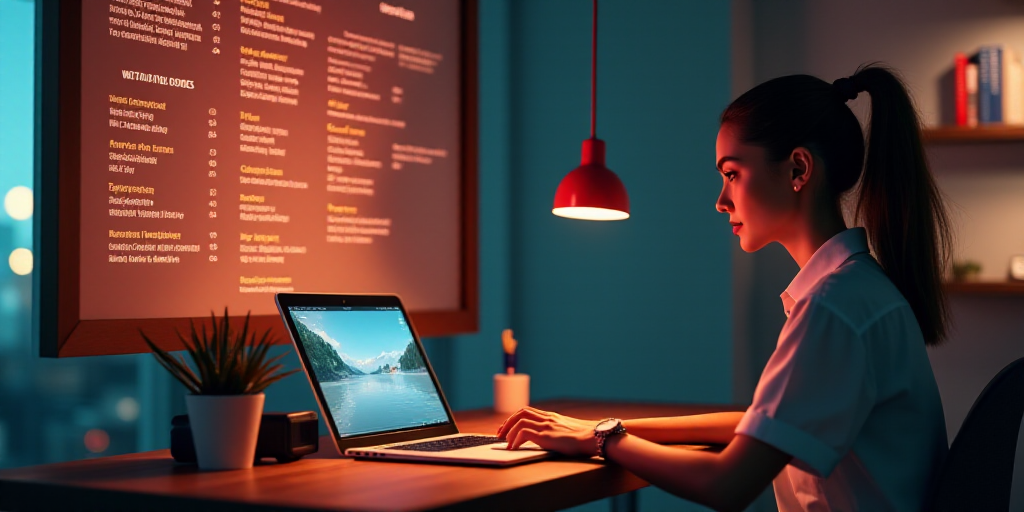 a woman sitting at a desk with a laptop and a keyboard in front of her, with a menu on the wall behi