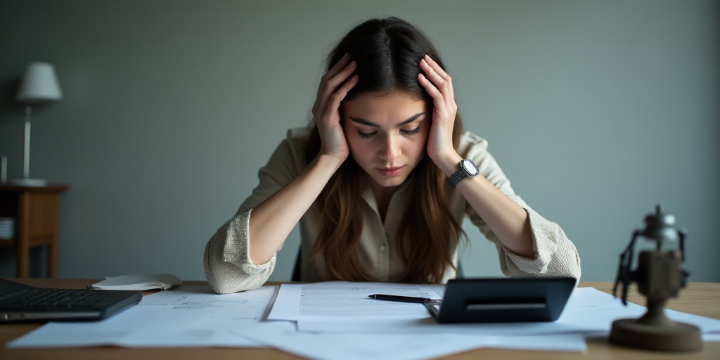a woman sitting at a desk with papers and calculator in front of her head and hands on her head, Avg