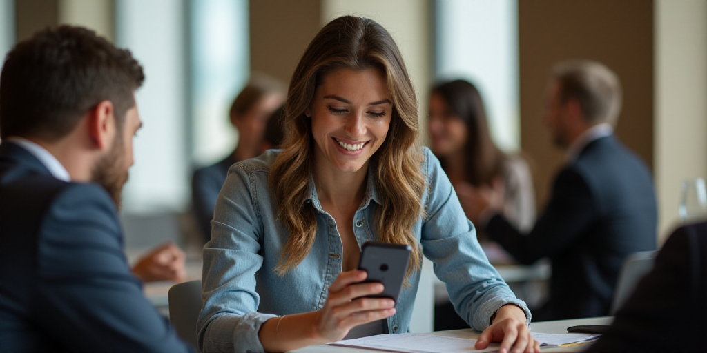 a woman sitting at a table with other people around her looking at something on her phone and smilin
