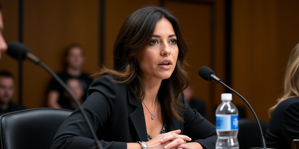 a woman sitting at a table with a microphone in front of her and a bottle of water behind her, Amy W