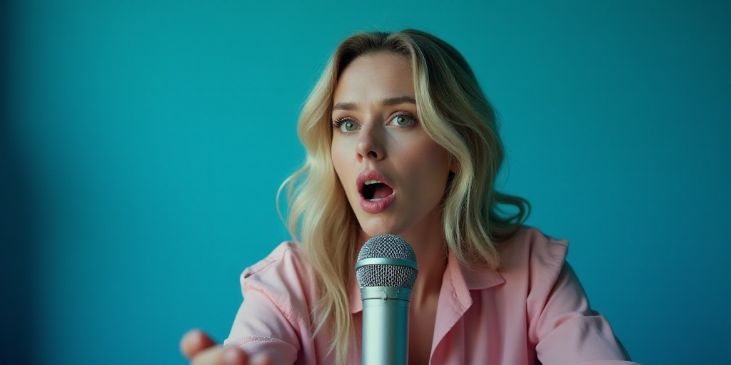 a woman sitting in front of a microphone with a surprised look on her face and a blue background beh