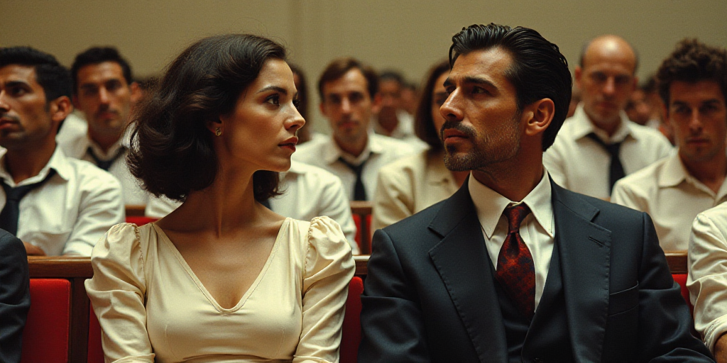 a woman sitting next to a man in a crowd of people in white shirts and ties and a man in a suit, Dav