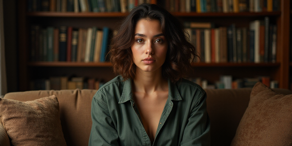 a woman sitting on a couch in front of a book shelf with books on it and a book case behind her, Ara