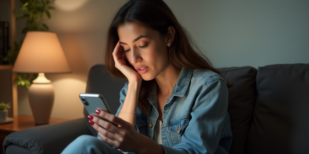 a woman sitting on a couch looking at her cell phone while holding her head in her hands and looking