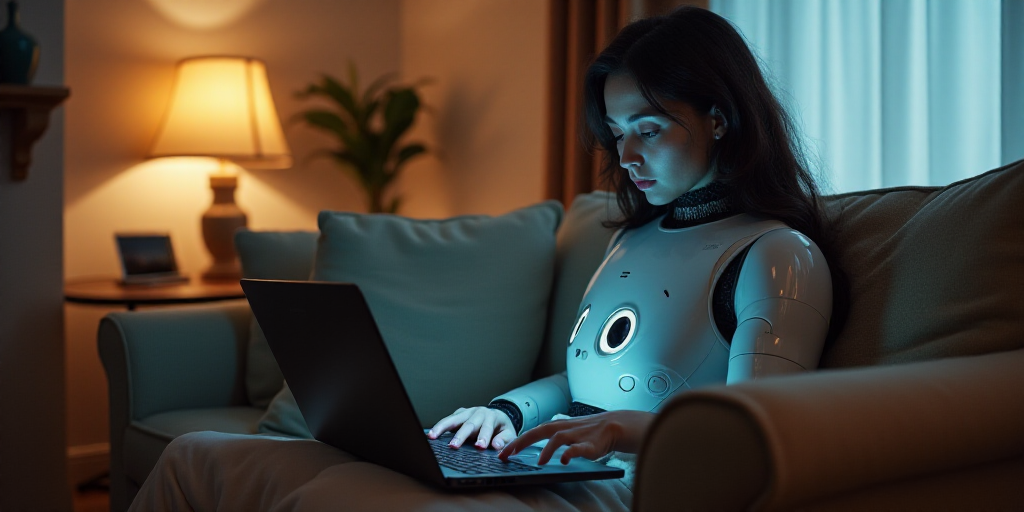 a woman sitting on a couch next to a robot on a laptop computer in a living room with a lamp on, Bee