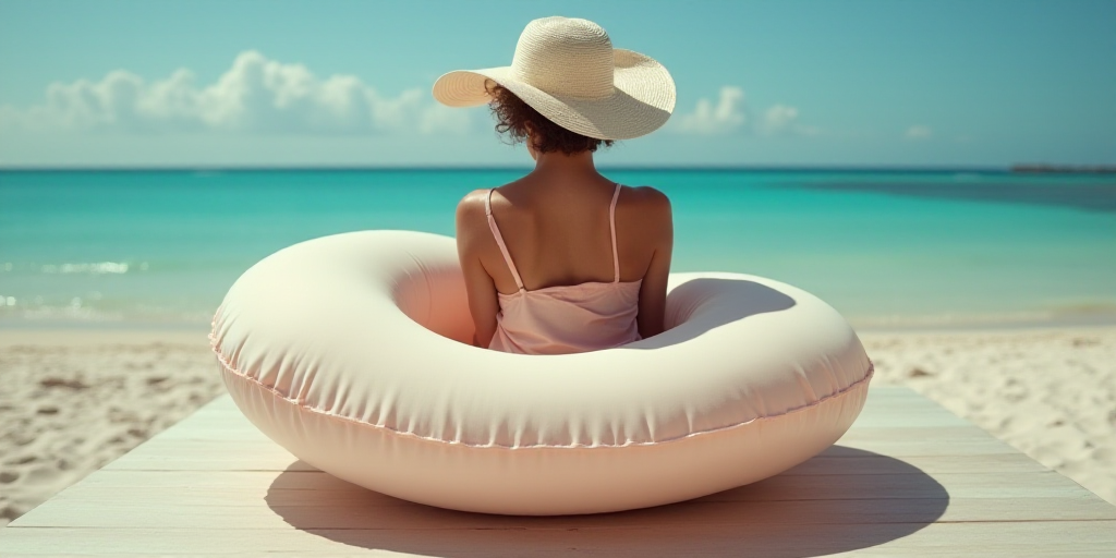 a woman sitting on a table with a large inflatable pillow in her lap and a hat on her head, Eric Zen