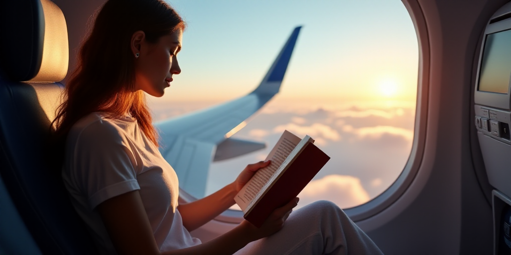 a woman sitting on an airplane reading a book and looking out the window at the clouds below her is