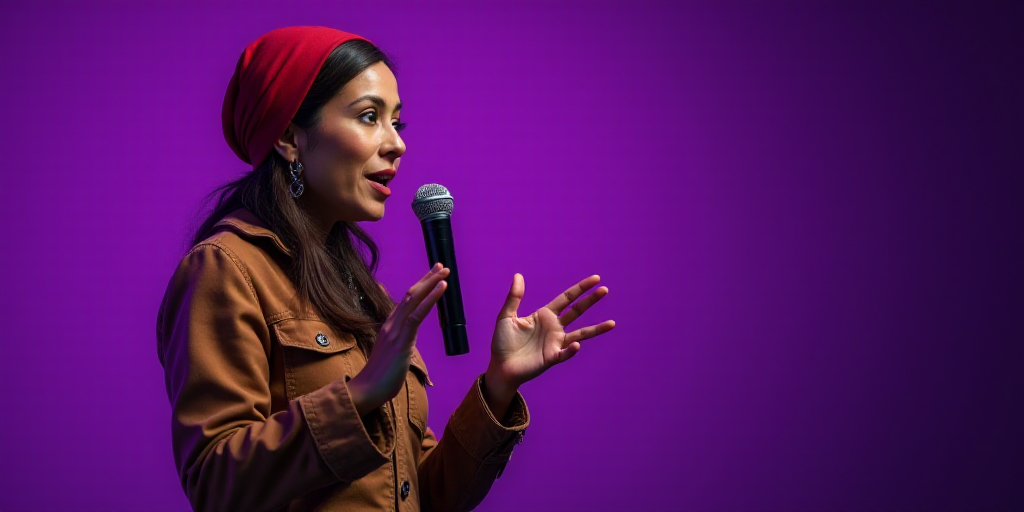 a woman speaking into a microphone while wearing a brown jacket and a red scarf on her head and a pu
