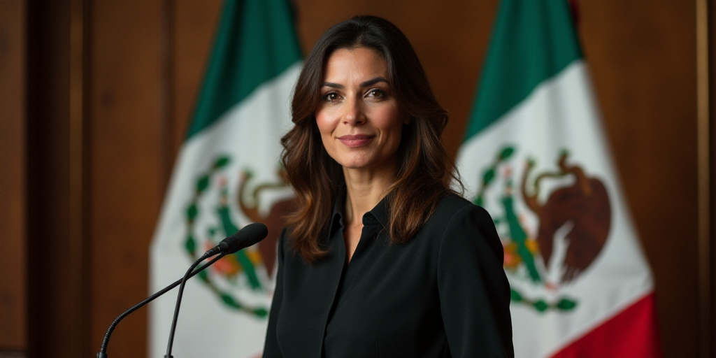 a woman standing at a podium in front of two flags and a flag behind her is a mexican flag, Araceli