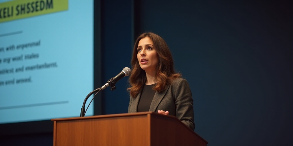 a woman standing at a podium in front of a screen with information on it and a microphone in front o