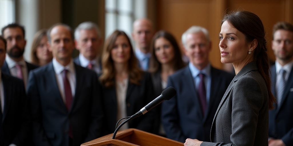 a woman standing at a podium in front of a crowd of people in suits and ties, with a microphone in h