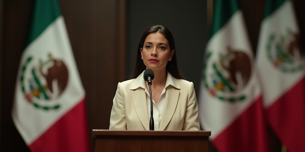 a woman standing at a podium in front of flags of mexico and mexico on a wall behind her is a microp