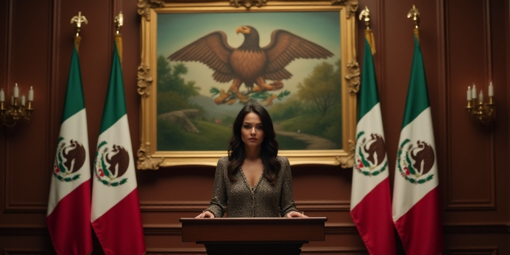 a woman standing at a podium in front of flags and a painting of a mexican eagle on the wall, Aracel